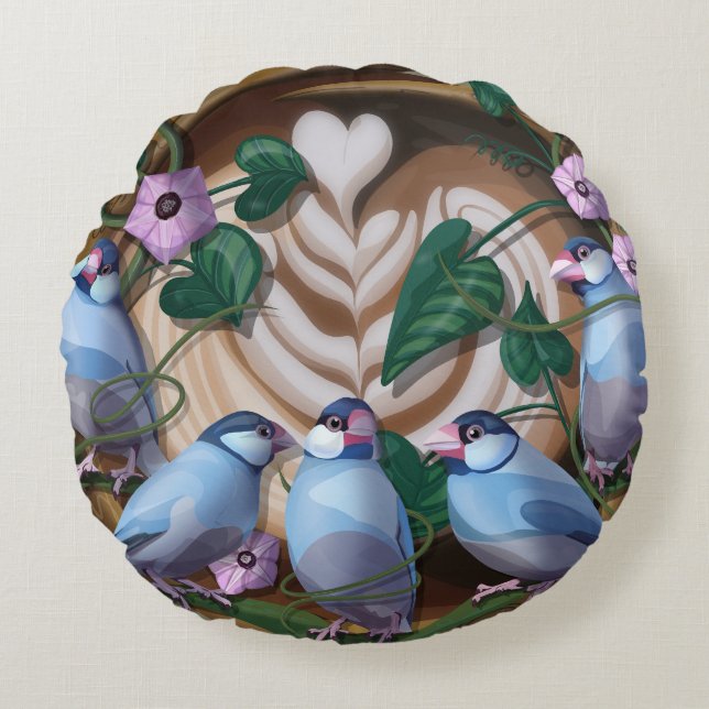 Java Sparrows, Java Coffee Rond Kussen (Voorkant)