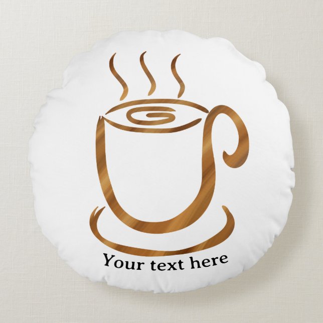 Java Steaming Cup | Wooden Curvy Coffee & Tea Rond Kussen (Voorkant)