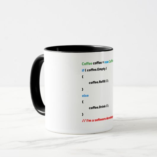 JavaScript-Mok. Ik ben softwareontwikkelaar. Mok (Voorkant links)