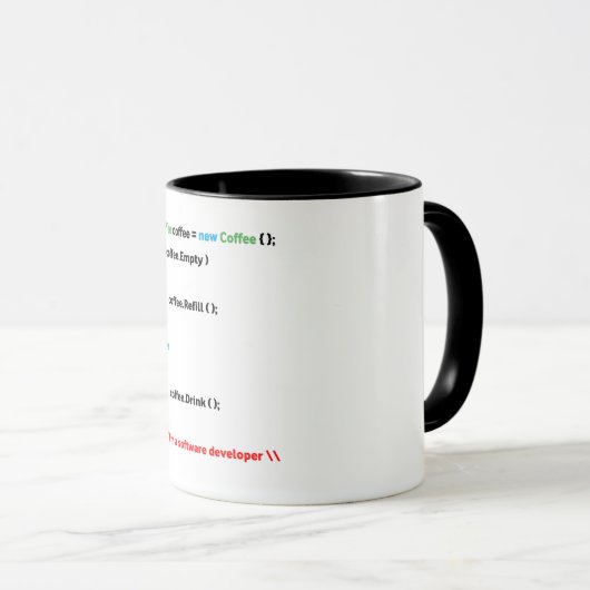 JavaScript-Mok. Ik ben softwareontwikkelaar. Mok (Voorkant rechts)