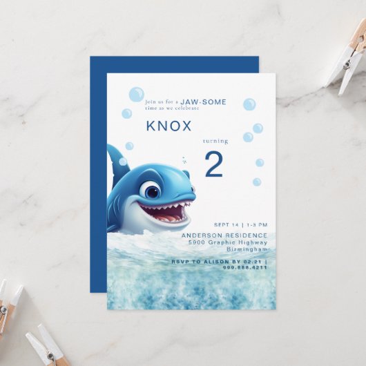 Jaw-some Shark Bite Birthday Party Invitation (Devant/Arrière en situation)