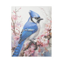 Jay bleu perché sur une branche avec fleurs de cer