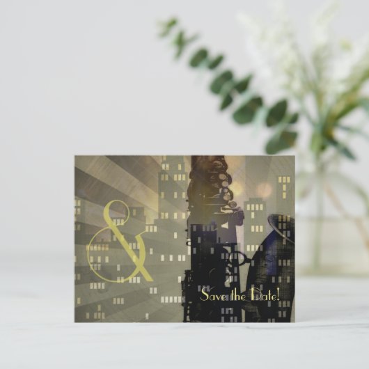 Jazz Age Saxofoon City Skyline Bruiloft Set Aankondigingskaart (Staand voorkant)
