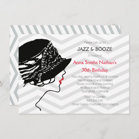 Jazz & Booze Great Gatsby Invitation Anniversaire (Devant / Derrière)
