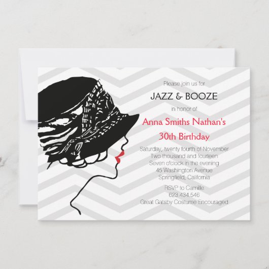 Jazz & Booze Great Gatsby Invitation Anniversaire (Devant)