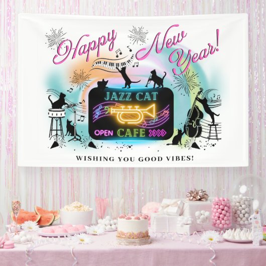 Jazz Cat Cafe Nieuwjaarsbanner Spandoek (Feest)