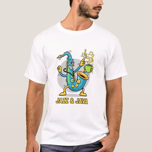 Jazz & Java Grappig Saxofoon Coffee T-Shirt | Jazz (Voorkant)