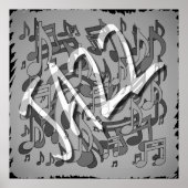 Jazz Music Pattern Dansende Swirling Notes BW Poster (Voorkant)