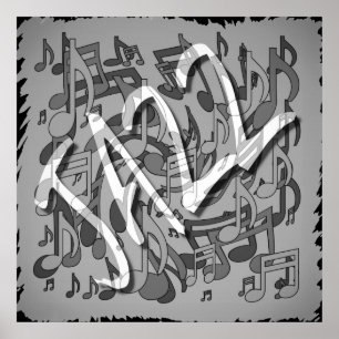 Jazz Music Pattern Dansende Swirling Notes BW Poster