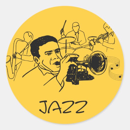 JAZZ musicus met trompet en muzieknoten Ronde Sticker (Voorkant)