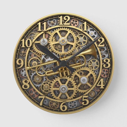 Jazz trompetklok, Steampunk, Goud, Muziek Ronde Klok (Voorkant)