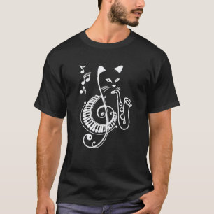 Jazzkat Saxofoon spelend Piano Viool Sleutel Muzie T-shirt
