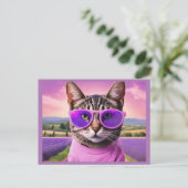 Jazzy kat - lavendelveld feestdagenkaart (Staand voorkant)