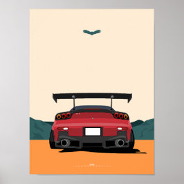 JDM Red RX-7 Rear View Racing Car Illustration Art Poster