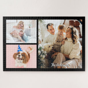 Je 3 familiefoto's & scriptnaam op zwart legpuzzel