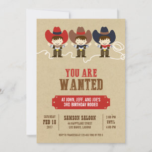 Je bent gewild Cowboy Triplets Birthday Invitation Kaart