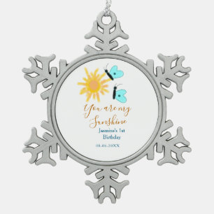 Je bent mijn zonneschijn geel oranje zon blauw bot tin sneeuwvlok ornament