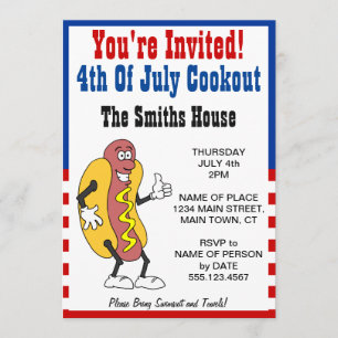 Je Bent Uitgenodigd 4 Juli BBQ Hot Dog Cartoon Kaart