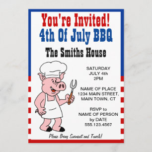 Je Bent Uitgenodigd 4 Juli BBQ Varken Cartoon Kaart