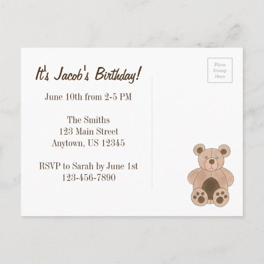 Je bent uitgenodigd Bruine Teddybeer Verjaardagsfe Uitnodiging Briefkaart (Achterkant)