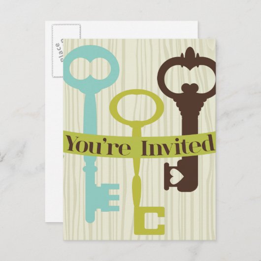 Je bent uitgenodigd met Keys en houtkorrel Uitnodiging Briefkaart (Voorkant / Achterkant)