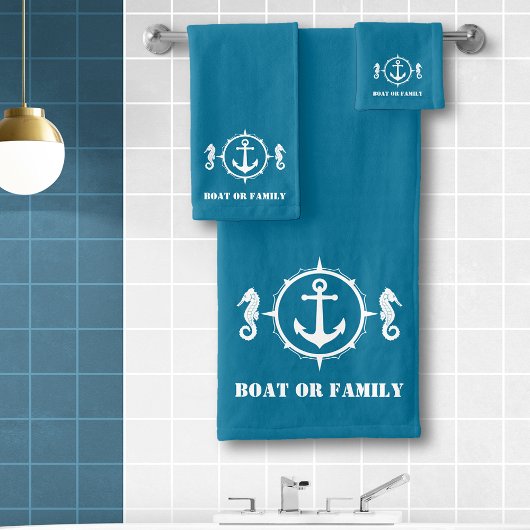 Je boot of familienaam Seahorse Anchor Aqua Blue Bad Handdoek