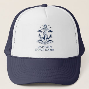 Je Bootnaam Scheepsblauw witte Anker Kapitein Trucker Pet