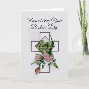 Je doopdag, kruis en rozen herdenken kaart