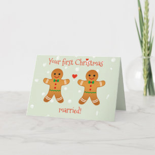 Je eerste kersthuwelijk. Gingerbrood Mannen Feestdagen Kaart