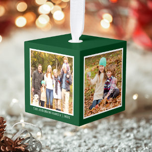 Je familie 4 Foto Collage Green Kubus Ornament