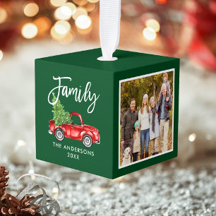 Je familie 4 Foto Red Truck Green Kubus Ornament