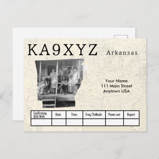 Je foto Arkansas Shaped Cutout Custom QSL Briefkaart (Voorkant / Achterkant)