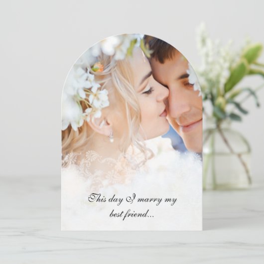 Je foto Damask Black Font Wedding Kaart (Staand voorkant)