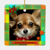 Je foto eerste kerst geruit keramisch ornament (Achterkant)