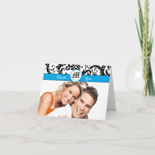 Je Foto Zwarte Damast Aqua Randen Dank U Bedankkaart (Voorkant)