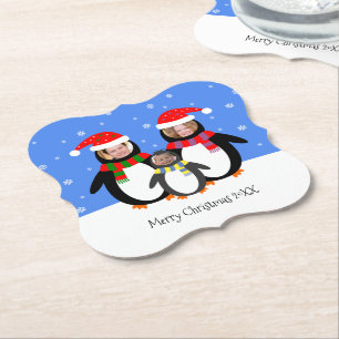 Je foto's winterpinguïnfamilie xmas kartonnen onderzetters