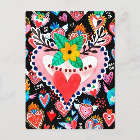 Je houdt van mam, kleurrijke Mexicaanse harten Moe Briefkaart (Voorkant)