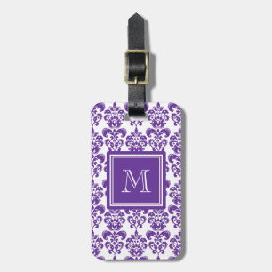 Je monogram, donkerPaars Damascus Patroon 2 Bagagelabel