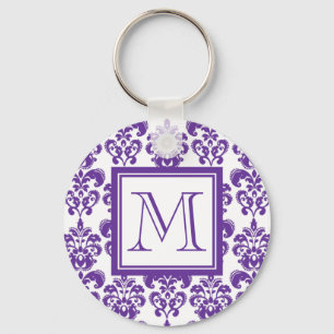 Je monogram, donkerPaars Damascus Patroon 2 Sleutelhanger