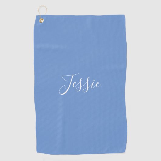 Je naam | Elegant wit script op zacht blauw Golfhanddoek (Voorkant)