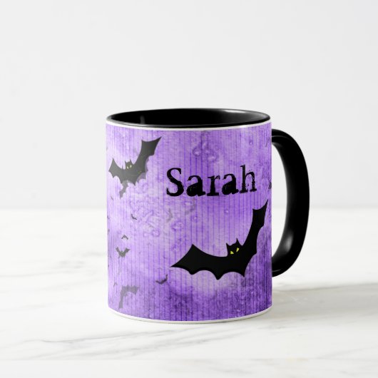 Je naam: Halloween Bats Paars Grunge BG Mok (Voorkant rechts)