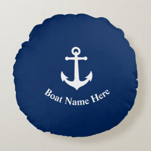 Je naam van je boot met  Anchor Navy Blue Rond Kussen
