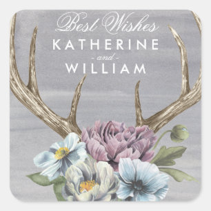 Je namen toevoegen Floral Deer Antlers Vierkante Sticker