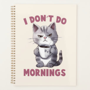 Je ne fais pas le matin - Chat gris avec café