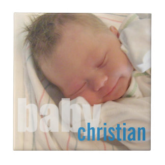 Je pasgeboren baby foto is een blauwe naam tegeltje