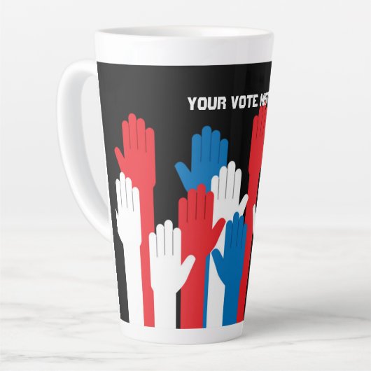 Je stem gaat over patriottische handen latte mok (Linkerhoek)