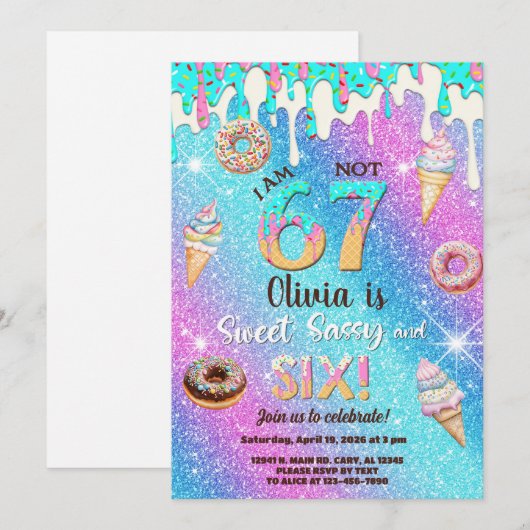 Je suis 6 pas 7 fille invitation d'anniversaire 6 (Devant / Derrière)