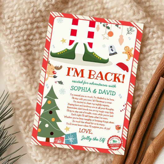 Je suis de retour Noël Elf Retour Carte d'arrivée