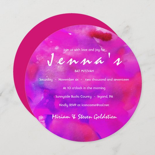 Je suis FUSHIA WATERCOLOR Bat mitzvah Invitation (Devant / Derrière)
