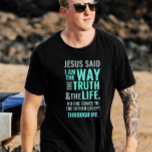 Je suis le Chemin T-shirt aux couleurs pastel<br><div class="desc">T-shirt chrétien avec le verset biblique de Jean 14:6 Jésus lui dit : "Je suis le chemin, la vérité et la vie. Personne ne peut venir au Père sauf par moi". Les versets sont en couleurs pastel bleu et en calligraphie mixte et typographie minimaliste. Ce design de foi moderne et...</div>